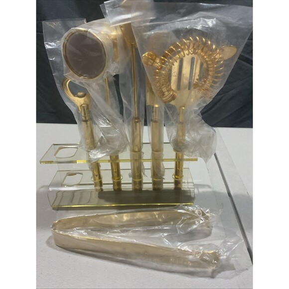 Vintage MCM Gold Tone Bar Set With Lucite Stand - Picture 2 of 4